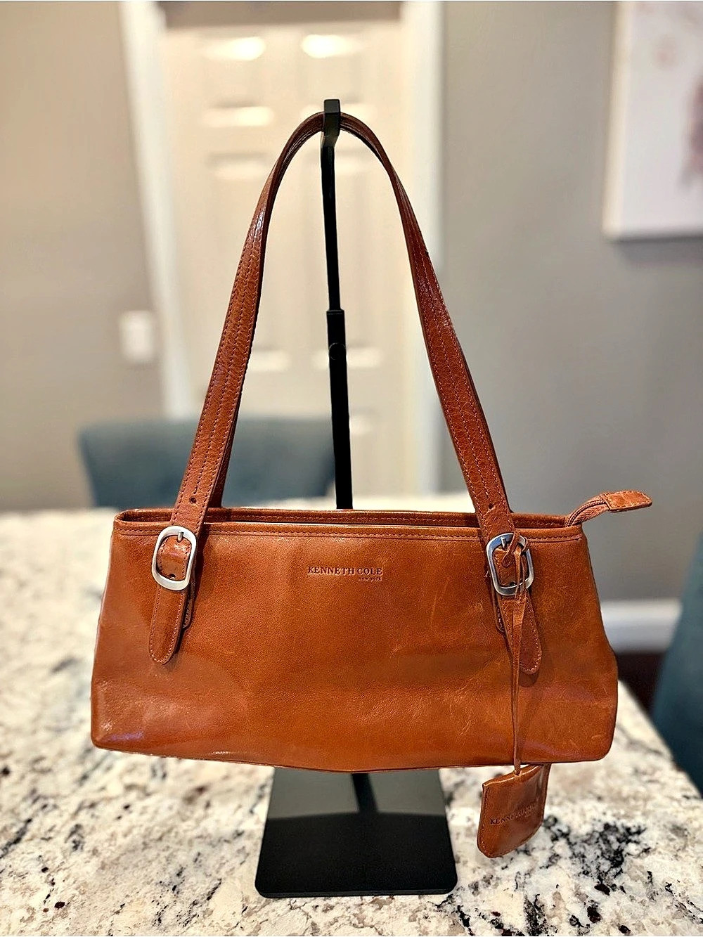 Kenneth Cole New York Genuine Leather Brown Shoulder Tote Bag Silver Hardware